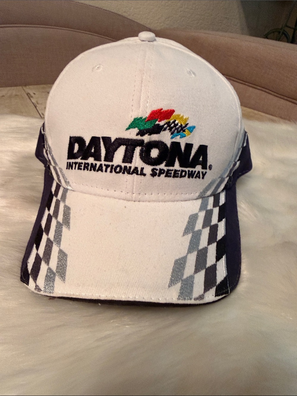 Daytona International Speedway White Racing Cap with Checkered Details